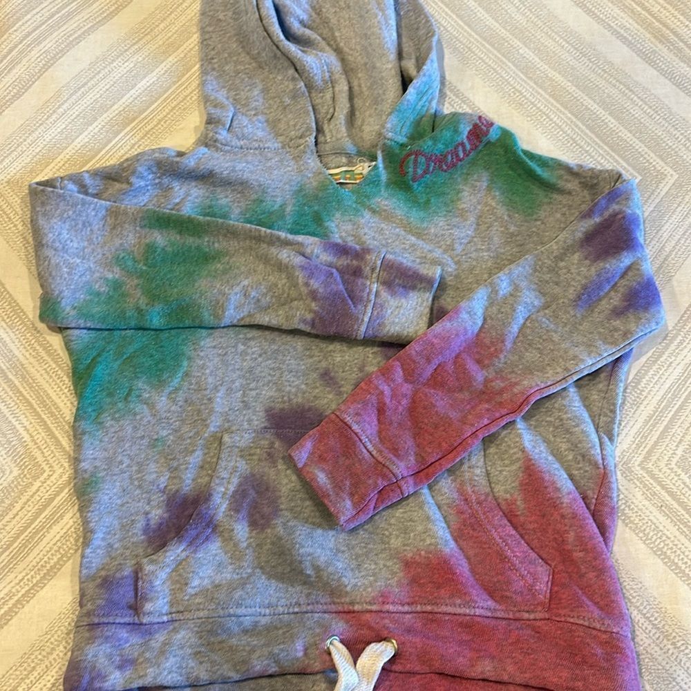Vintage Havana Girls Grey Tie Dye Hooded Embroidered Dreamer Sweatshirt - Size M